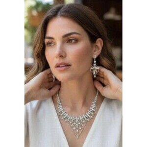 Vintage Fastoon Design Necklace And Earrings,iridescent Rhinestones, Marked